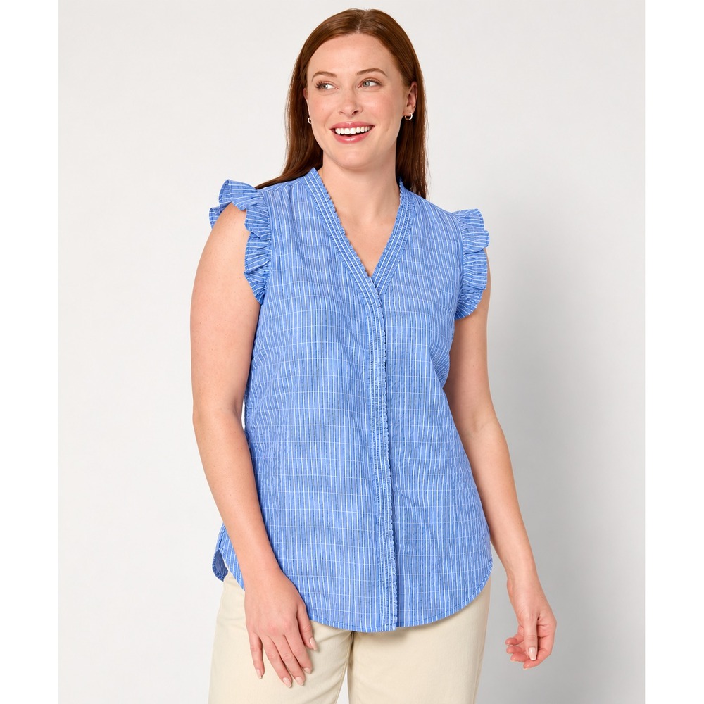 Belle by Kim Gravel Pinstripe Ruffle Shoulder Button Up Top Robia Blue,Size 2X